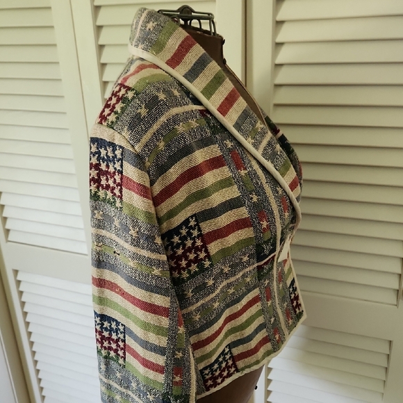 New Directions Vintage Americana Flag Cropped Cotton Tapestry Jacket - Picture 8 of 12